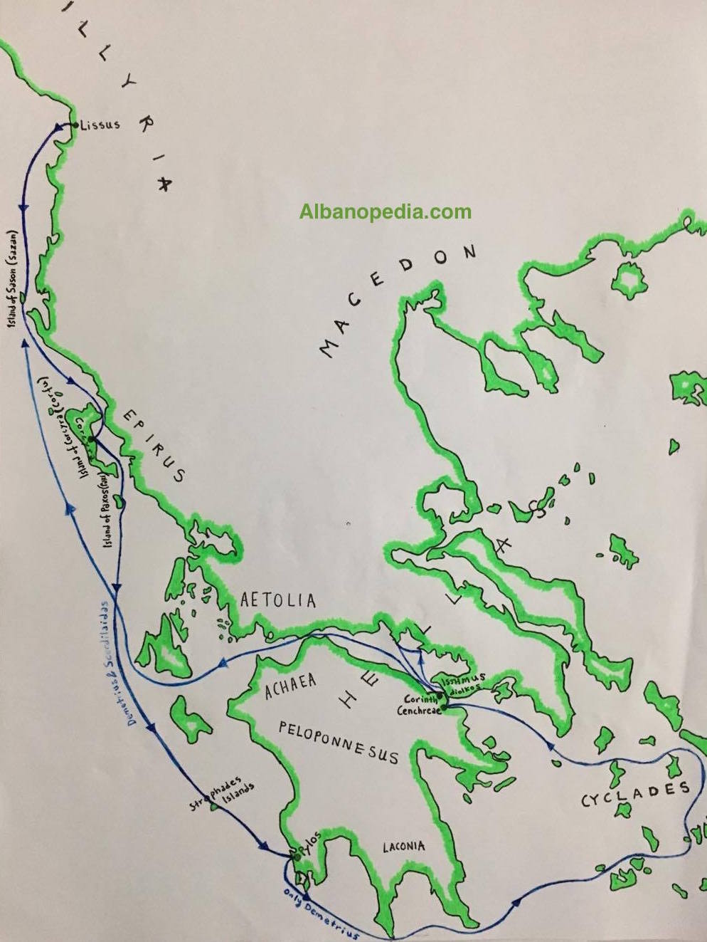 Demetrius expedition against Pylos, Cyclades, and Aetolian coast in 220 B.C.E. The course of the naval route followed by Demetrius and Scerdilaidas and then by Demetrius only is fictional. The image serves only for putting Demetrius expedition into a geographical perspective.