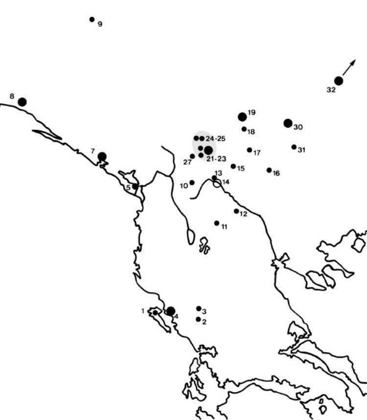 The pattern of find spots of coins produced by Damastion. Larger dots represents coin hoard discoveries whereas smaller dots represent single coin finds. The grey area illustrates a concentration of finds, especially of smaller denominators (drachmas and tetrobols) in current south of Kosova. As such the grey area represents the most adequate location for ancient Damastion according to this pattern.