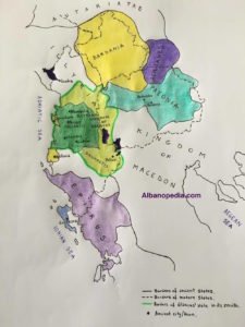 Map showing the areas and cities mentioned in the text and the realm of Glaucias in its initial form and in its greatest expansion during 335-302 B.C.E.