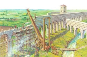 Illustration: the Romans building a bridge for the aquaduct.