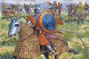 Battle of Dyrrachium: Alexius I Comnenus was assaulted with lances on one side by three Norman knights. Layers of padding and iron lamellar saved the emperor from harm. The emperor managed to stay on his horse with difficulty. The emperor received a wound on his forehead.