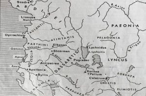 Section of a map drawn by Helen Waugh from sketch-map by the author N.G.L. Hammond. It shows the Illyrian tribes in lands corresponding to current north and central Albania as well as current western North Macedonian Republic.