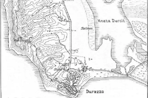 Map showing the ancient city of Dyrrachium and the nearby salty lagoon or salinas. Published by Praschniker & Schober in 1919.