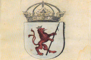 Emblem of kingdom of Dardania (a rather fictional recreation resembling more a Medieval European coat of arms than ancient state symbols). Pavao Ritter Vitezovic. 1701.