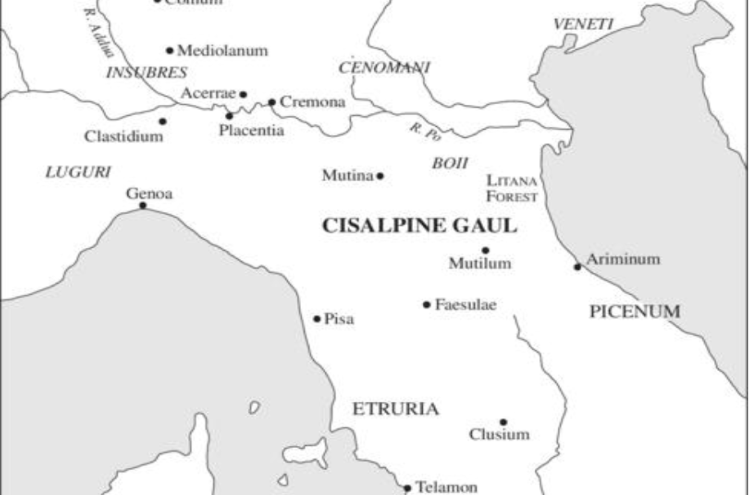 Map showing the region of Cisalpine Gaul in the period of Roman expansion there.