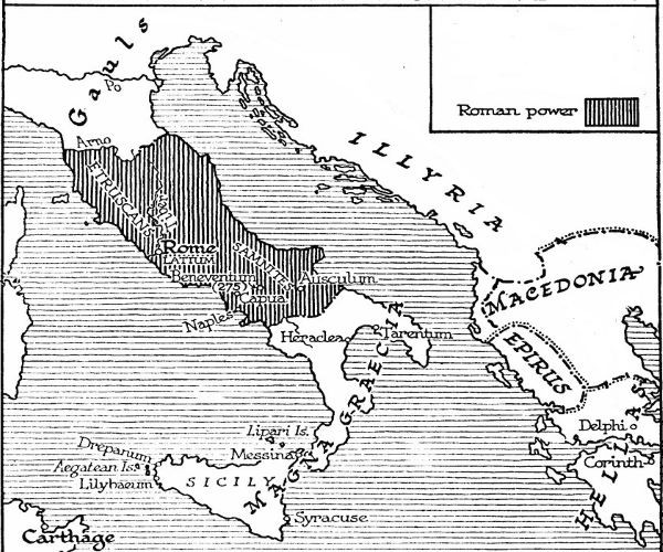 Map showing the approximate extension of the Roman Republic before the Second Illyrian War and the relative position of Illyria.