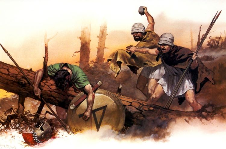 Illustration of Aetolian psiloi killing an Athenian hoplite.