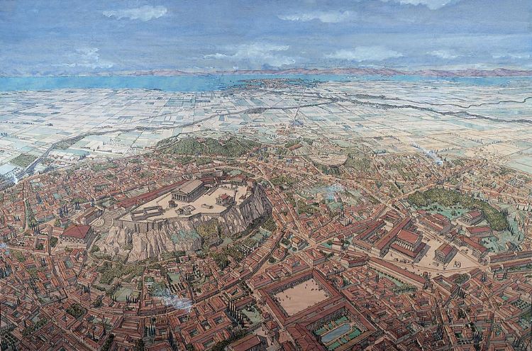 Illustration of ancient Athens with Piraeus at the horizon; credit: Jean Claude Golvin.