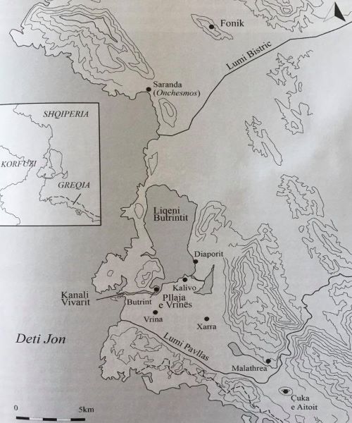 Map of Butrint (ancient Buthrotum) and its nearby region.