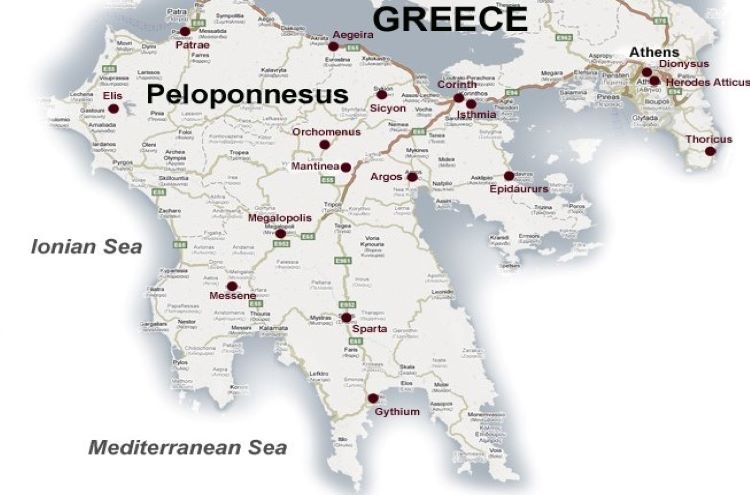 Map of the Peloponnesus with its main ancient cities.