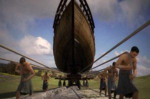 Graphic representation of carrying ships using Diolkos. In the absence of a water canal that passed through the Isthmus, a man-made road transportation system for ships called "diolkos" was used in ancient times to transport ships from the Aegean Sea into the Ionian Sea and vice-versa. In the same manner, the ships of Demetrius of Pharos were transported from the Saronic Gulf into the Ionian Sea around 220 B.C.E.