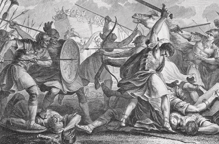 Pyrrhus, king of Epirus, invading Italy, defeated by Dentatus at Beneventum. Engraving, 1853.