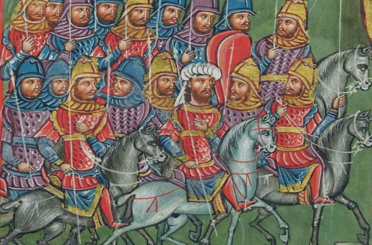 Illustration of Seleucus I Nicator leading his army in march from a Byzantine manuscript. “Alexander Romance” in S. Giorgio dei Greci in Venice.