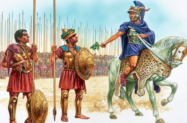 Illustration of Pyrrhus of Epirus in front of his army.