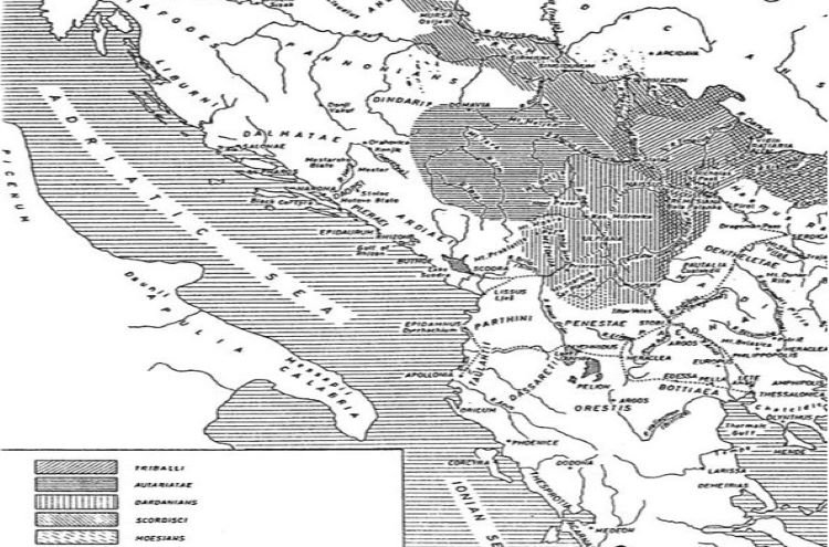 Map showing the position of the ancient tribes dwelling in central Balkans among them the Illyrian Autariatae and their relative position towards Paeonia.